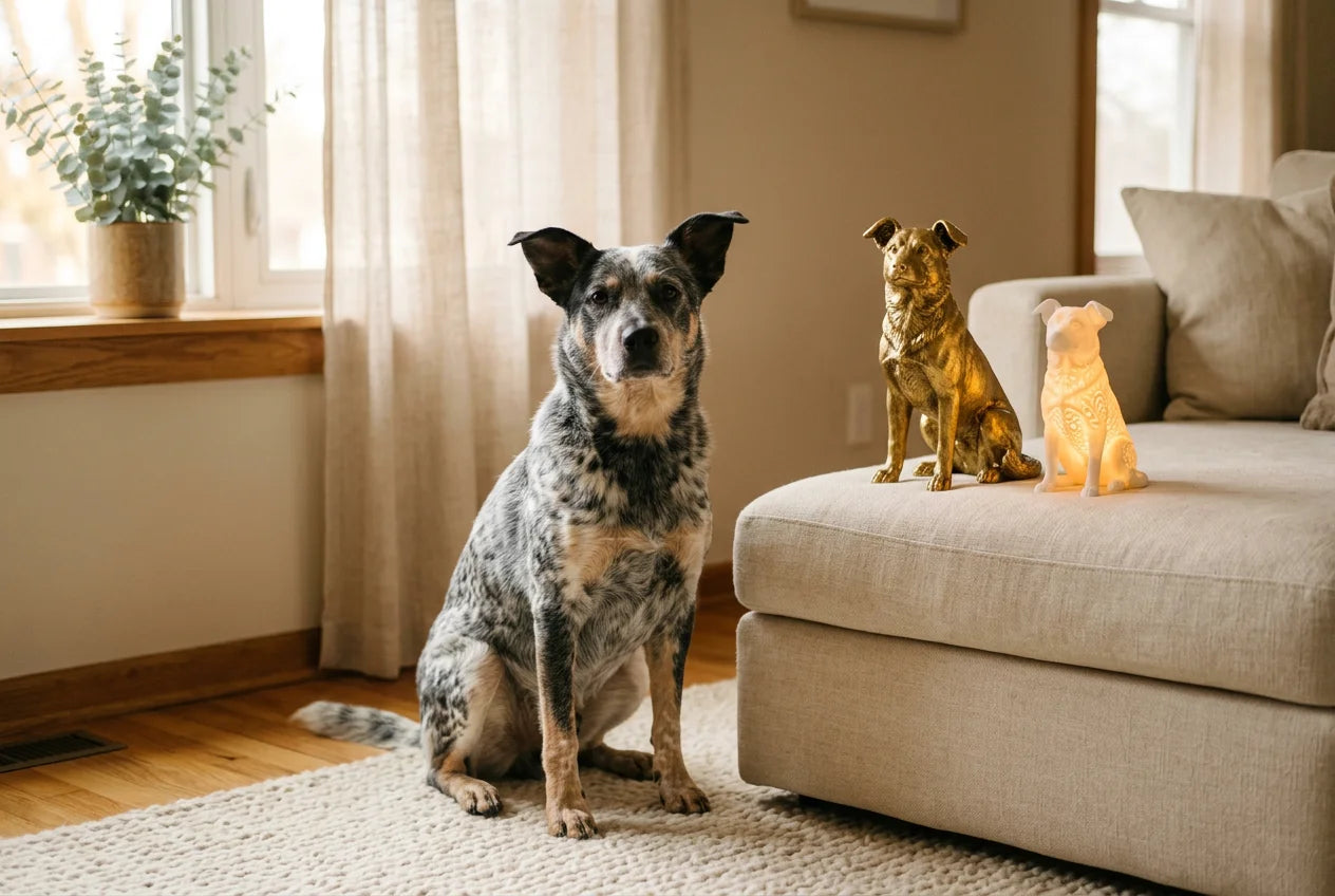 Texas Heeler dog in a warm editorial interior with handcrafted sculpture and luminary