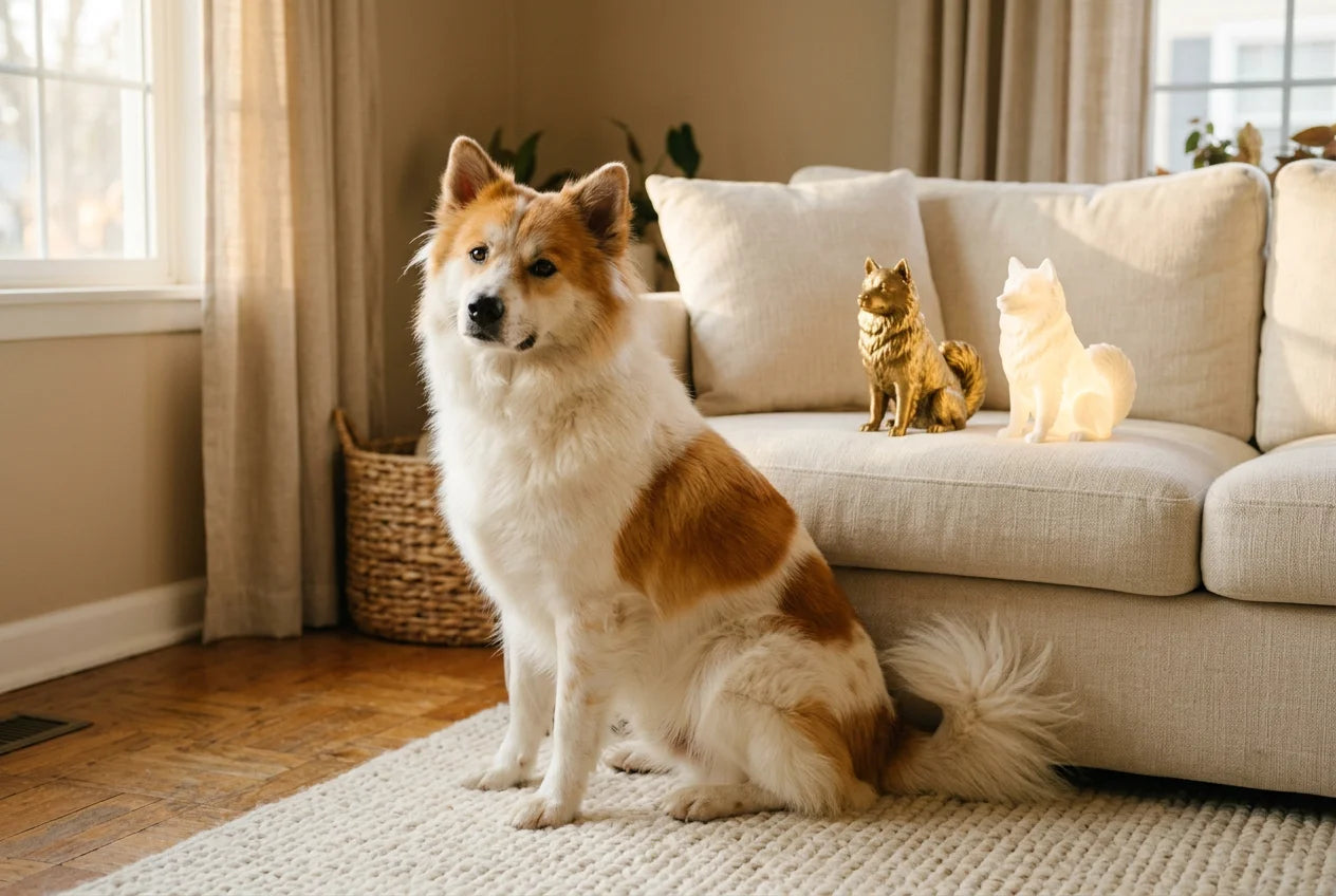 Thai Bangkaew Dog dog in a warm editorial interior with handcrafted sculpture and luminary