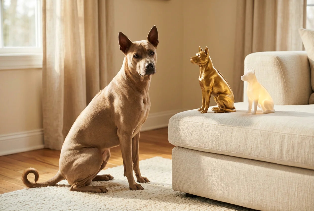Thai Ridgeback dog in a warm editorial interior with handcrafted sculpture and luminary