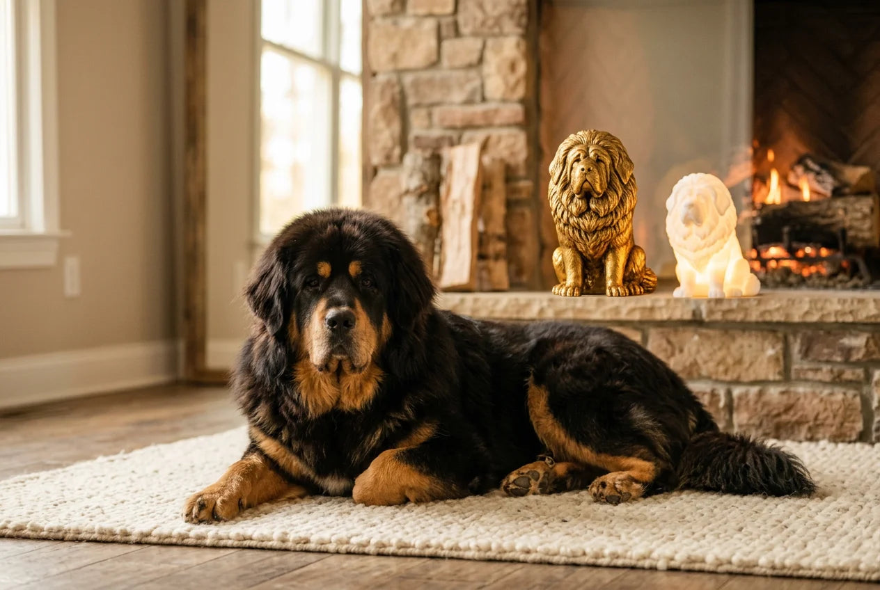 Tibetan Mastiff dog in a warm editorial interior with handcrafted sculpture and luminary