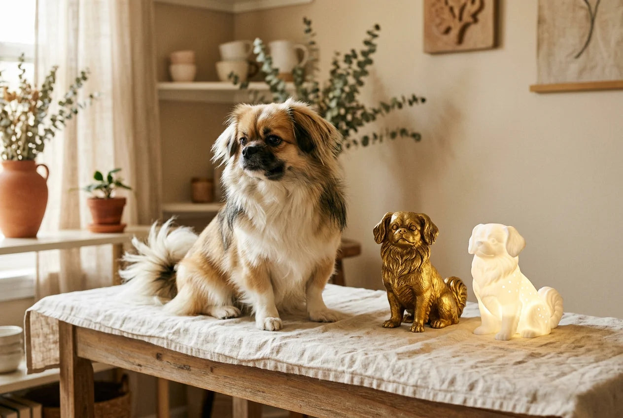 Tibetan Spaniel dog in a warm editorial interior with handcrafted sculpture and luminary