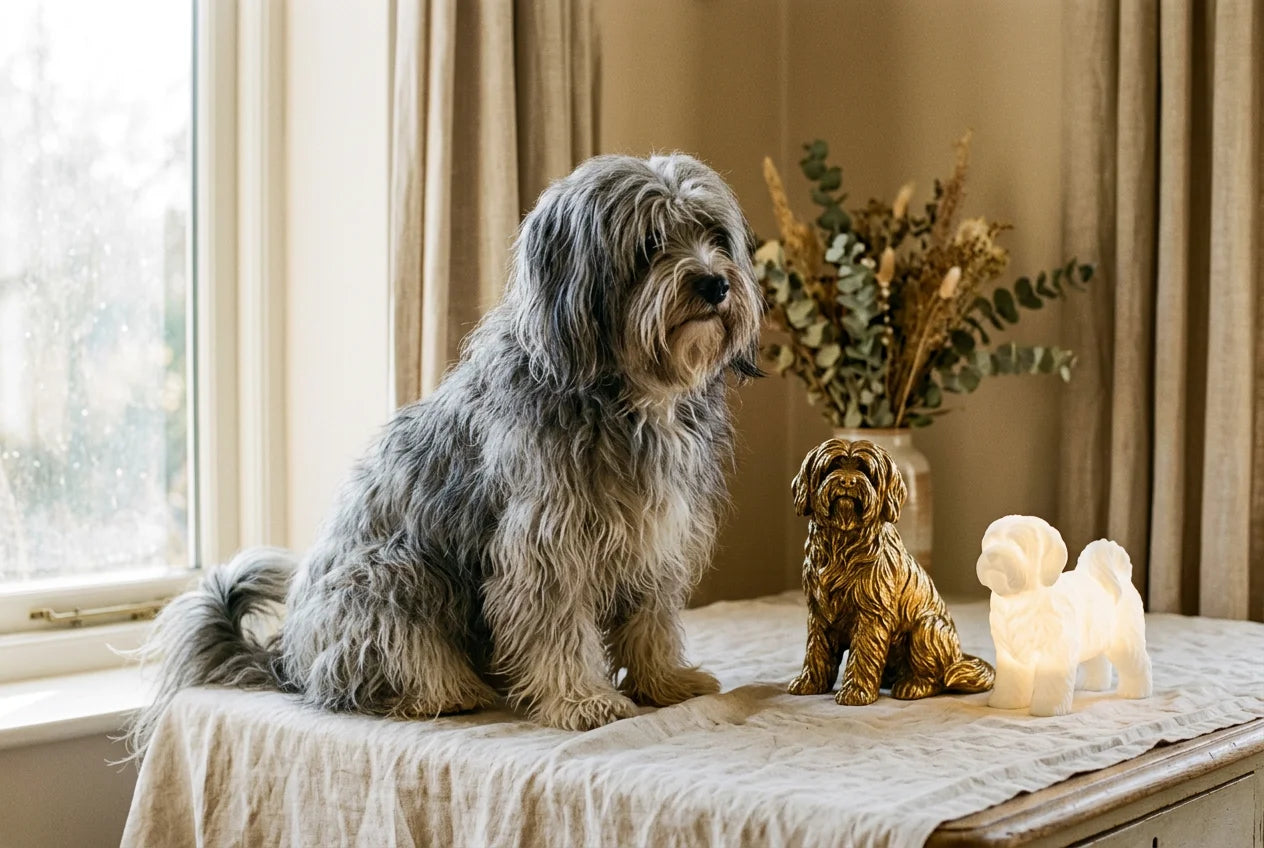 Tibetan Terrier dog in a warm editorial interior with handcrafted sculpture and luminary