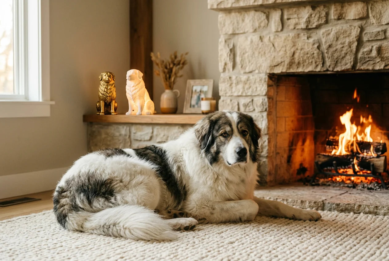 Tornjak dog in a warm editorial interior with handcrafted sculpture and luminary