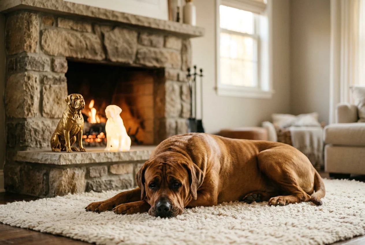 Tosa dog in a warm editorial interior with handcrafted sculpture and luminary