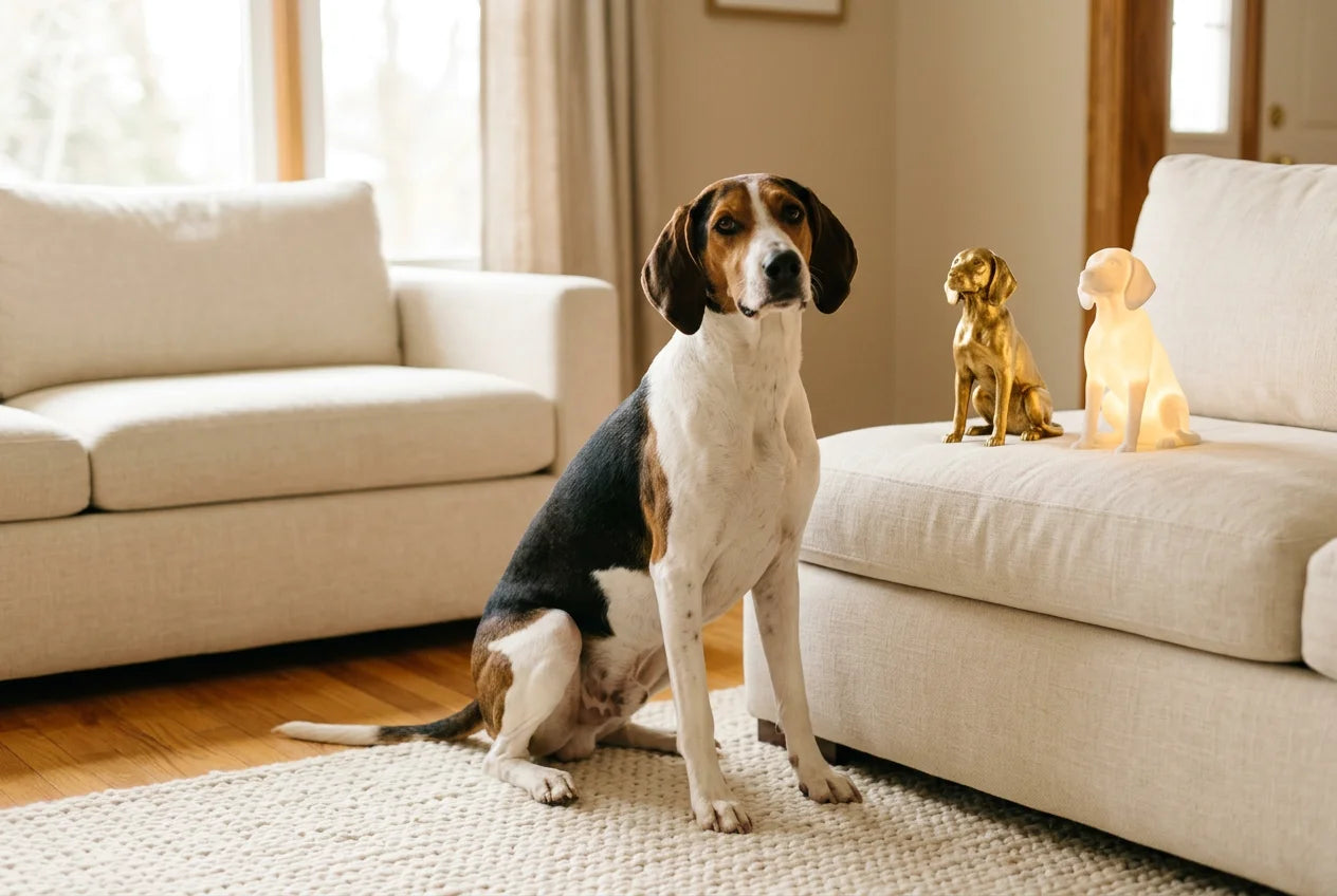 Treeing Walker Coonhound dog in a warm editorial interior with handcrafted sculpture and luminary