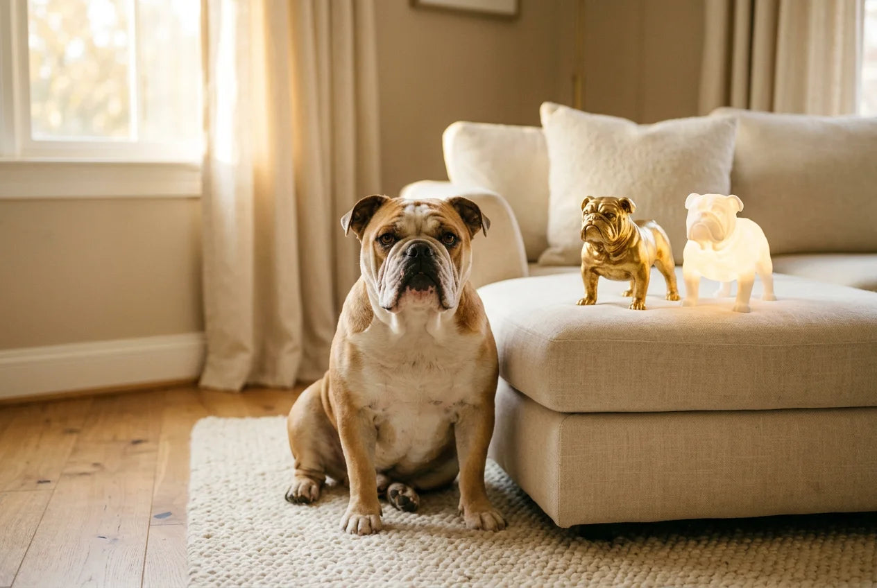 Victorian Bulldog dog in a warm editorial interior with handcrafted sculpture and luminary