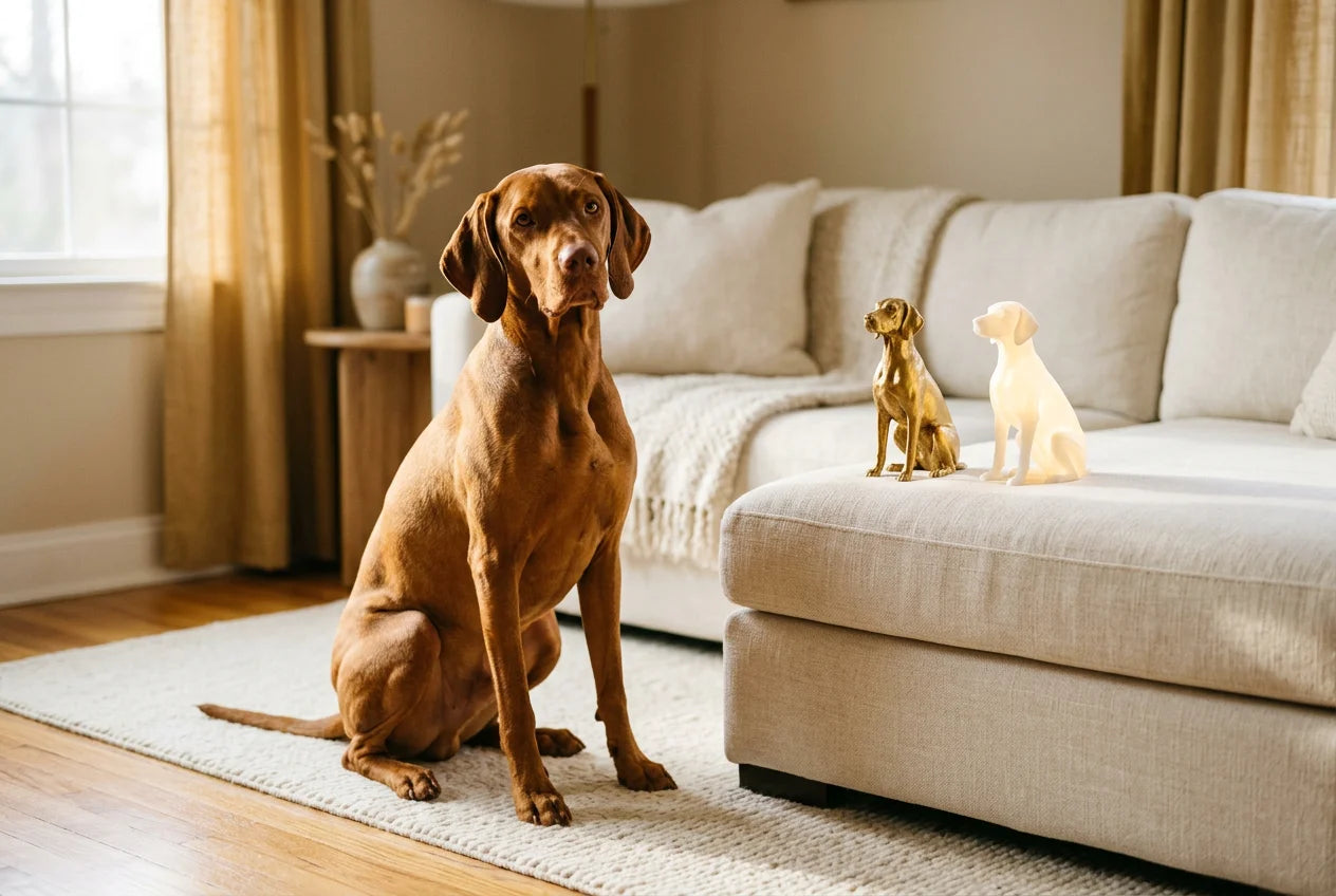 Vizsla dog in a warm editorial interior with handcrafted sculpture and luminary
