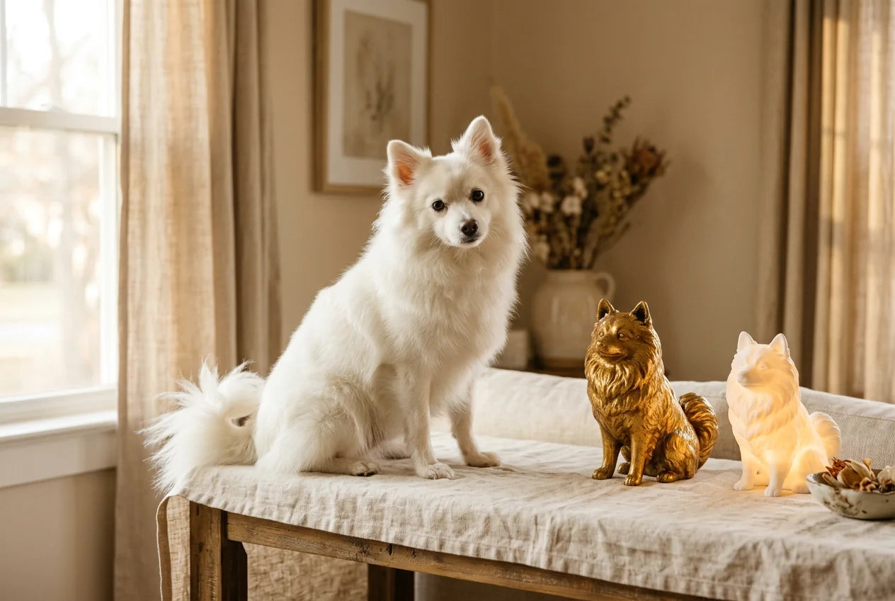 Volpino Italiano dog in a warm editorial interior with handcrafted sculpture and luminary