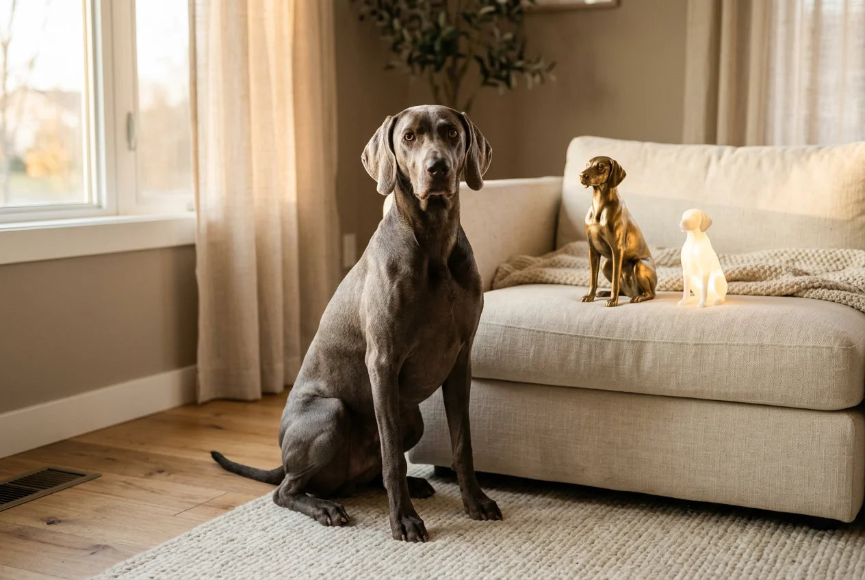 Weimaraner dog in a warm editorial interior with handcrafted sculpture and luminary