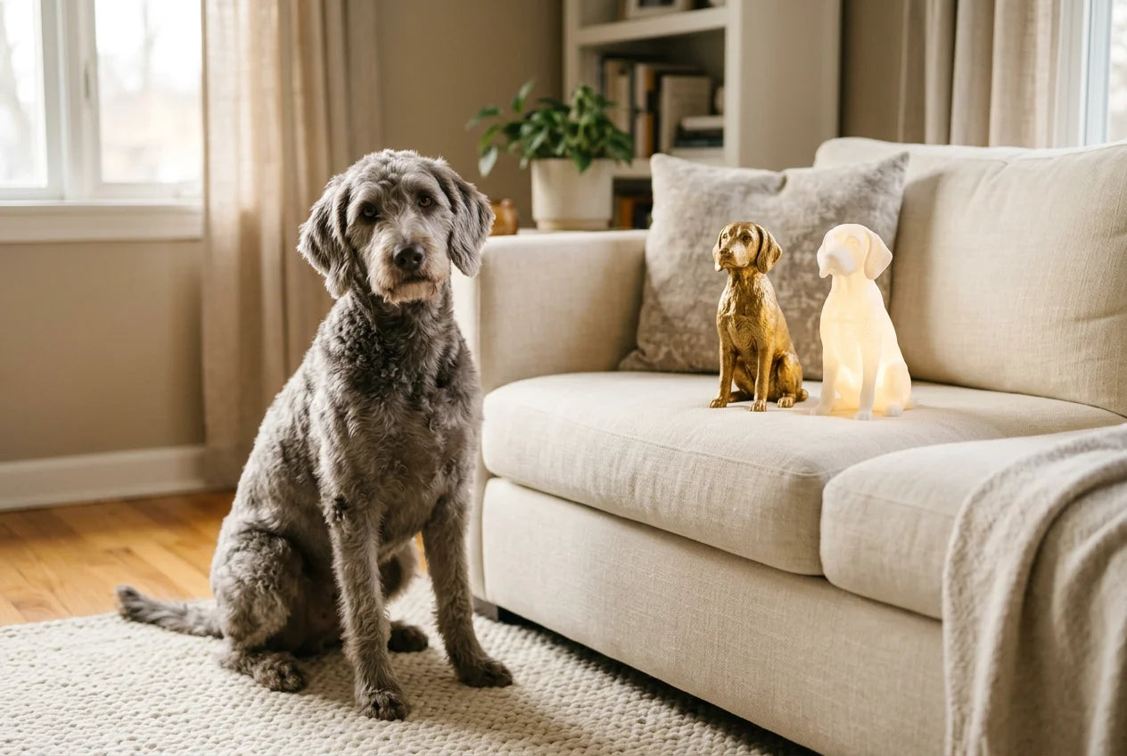 Weimardoodle dog in a warm editorial interior with handcrafted sculpture and luminary