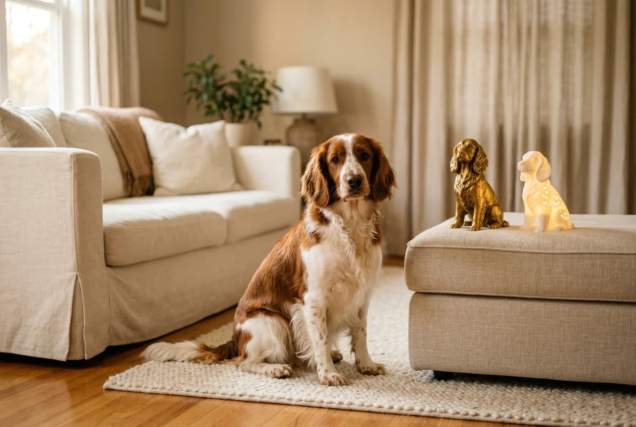 Welsh Springer Spaniel dog in a warm editorial interior with handcrafted sculpture and luminary