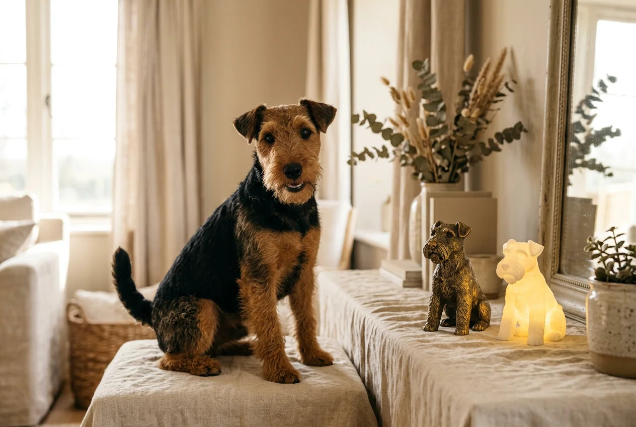 Welsh Terrier dog in a warm editorial interior with handcrafted sculpture and luminary