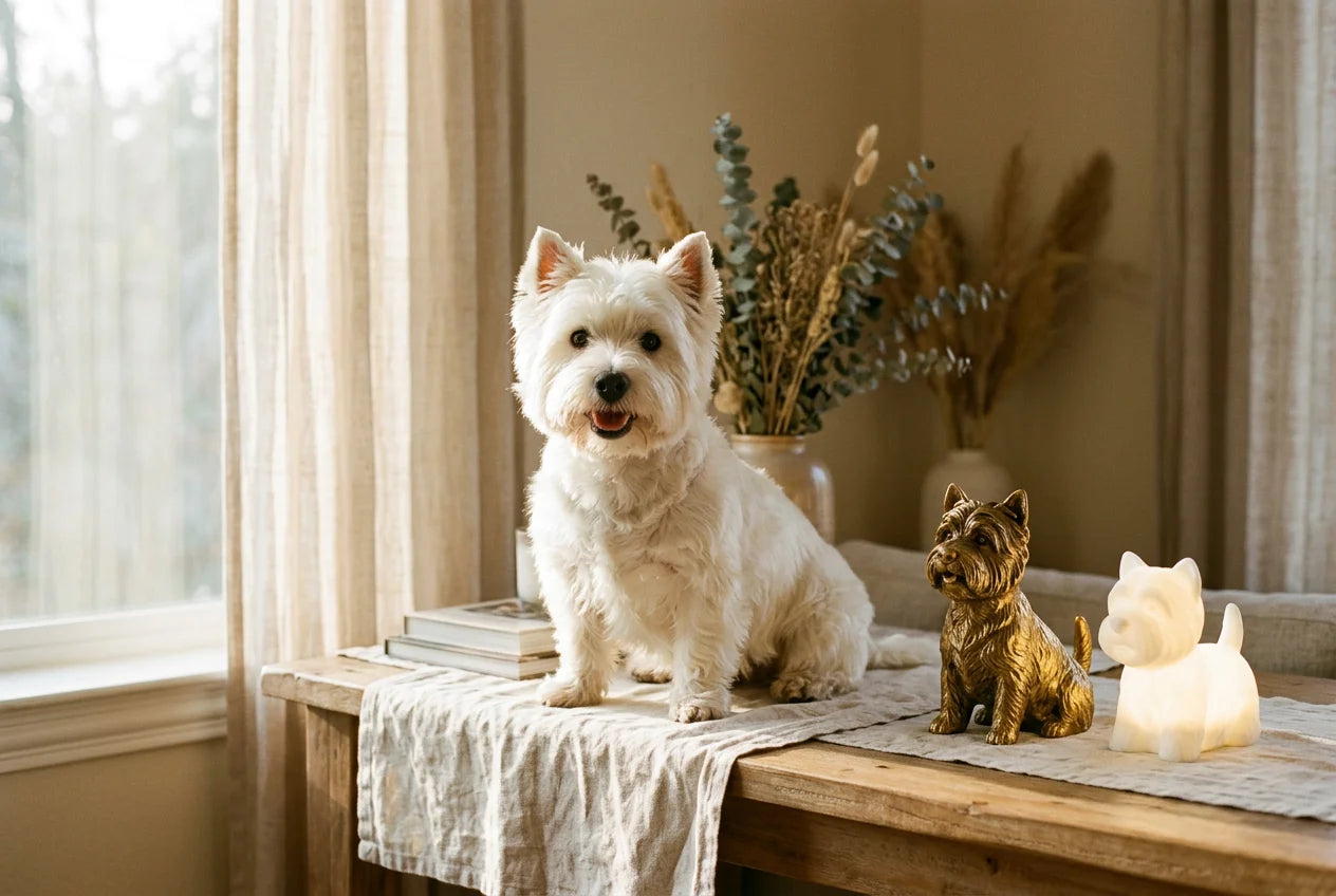 West Highland White Terrier dog in a warm editorial interior with handcrafted sculpture and luminary