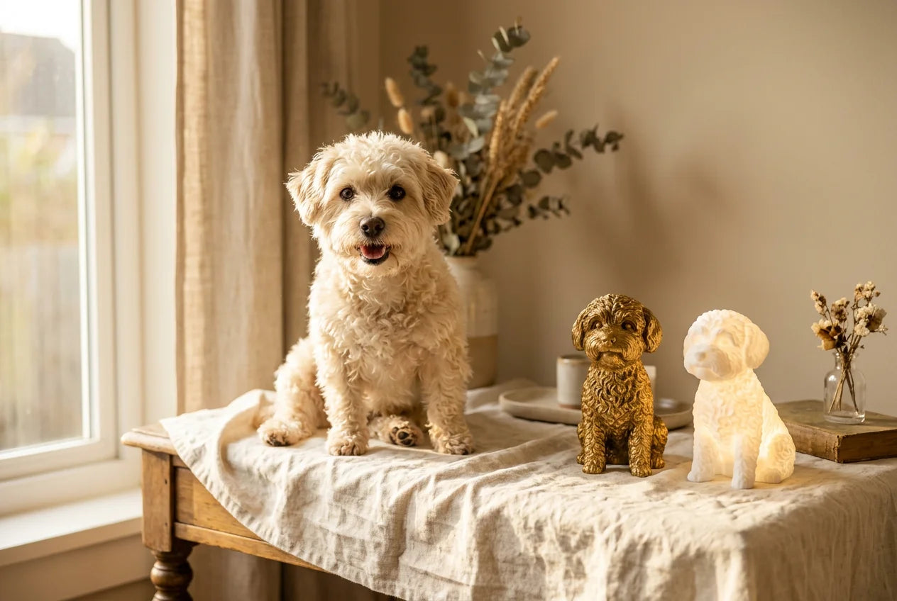 Westiepoo dog in a warm editorial interior with handcrafted sculpture and luminary