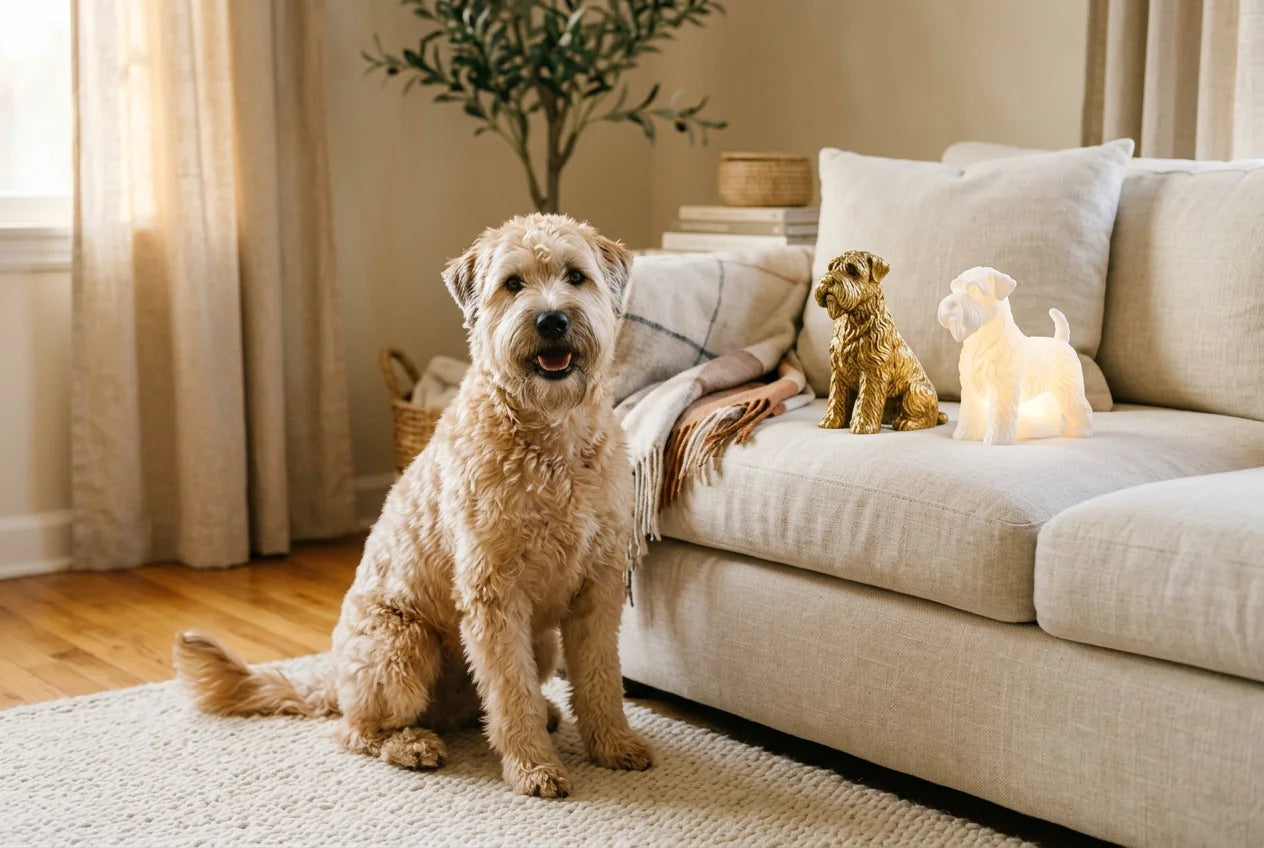 Wheaten Terrier dog in a warm editorial interior with handcrafted sculpture and luminary