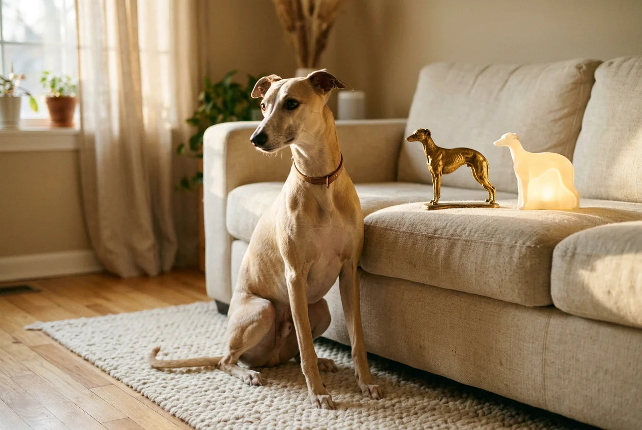 Whippet dog in a warm editorial interior with handcrafted sculpture and luminary