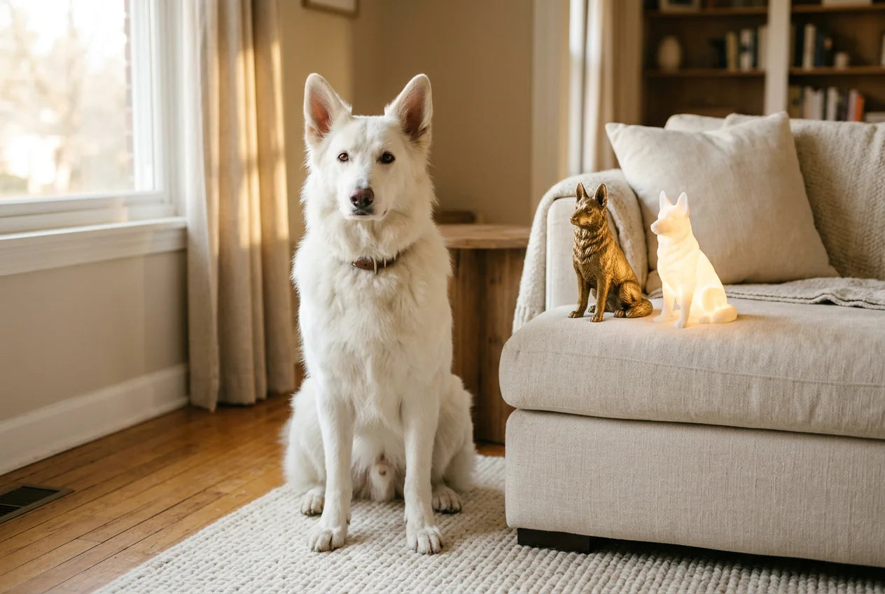 White Swiss Shepherd dog in a warm editorial interior with handcrafted sculpture and luminary