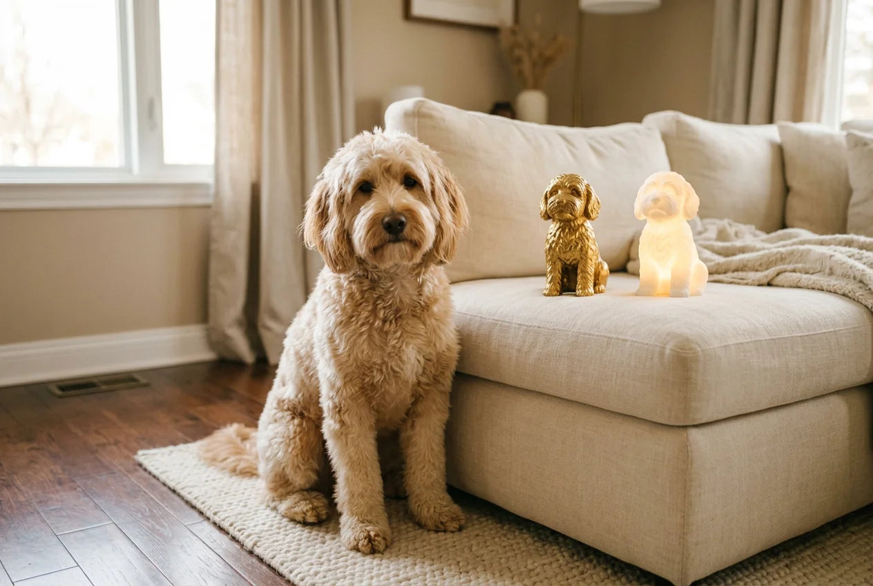 Whoodle dog in a warm editorial interior with handcrafted sculpture and luminary