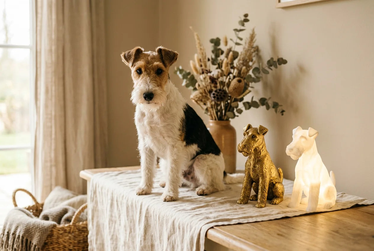 Wire Fox Terrier dog in a warm editorial interior with handcrafted sculpture and luminary