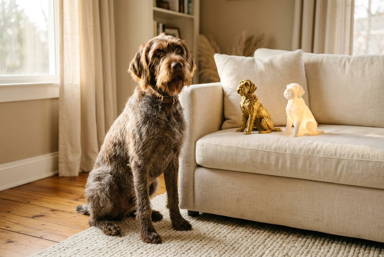 Wirehaired Pointing Griffon dog in a warm editorial interior with handcrafted sculpture and luminary