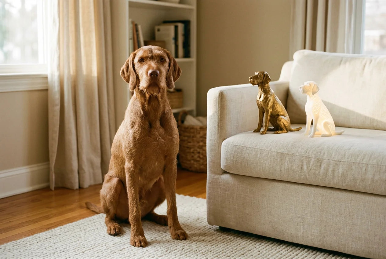 Wirehaired Vizsla dog in a warm editorial interior with handcrafted sculpture and luminary