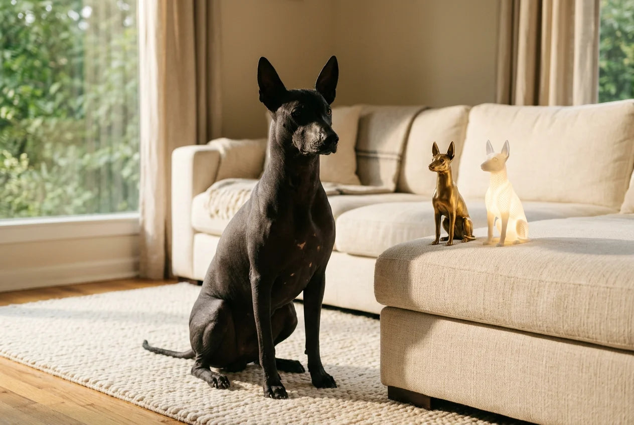 Xoloitzcuintli dog in a warm editorial interior with handcrafted sculpture and luminary