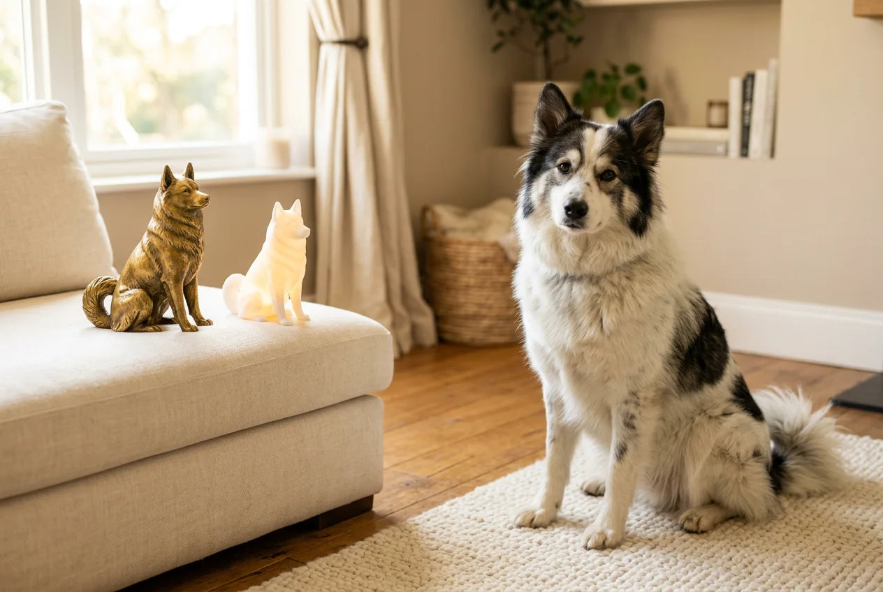 Yakutian Laika dog in a warm editorial interior with handcrafted sculpture and luminary