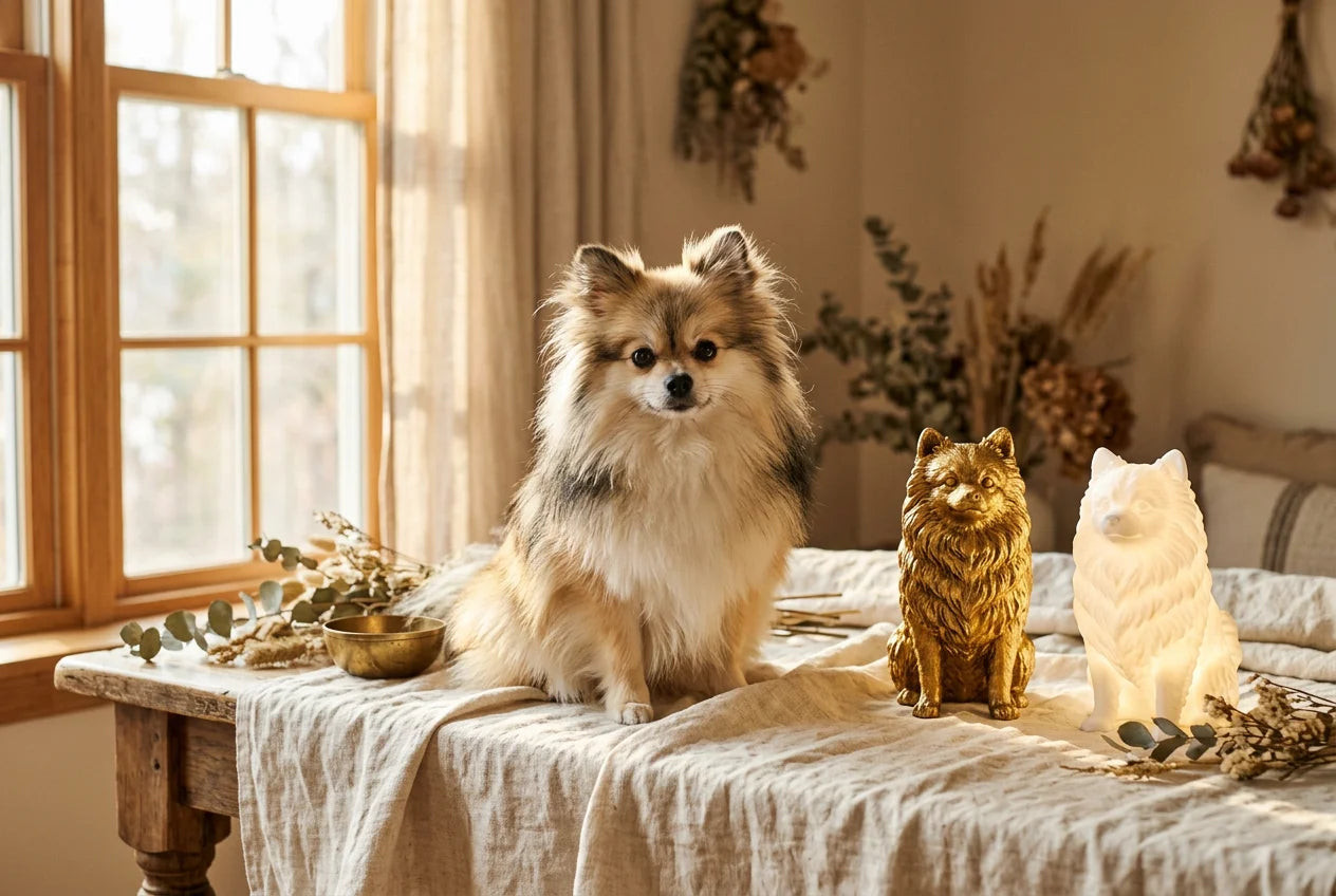 Yoranian dog in a warm editorial interior with handcrafted sculpture and luminary