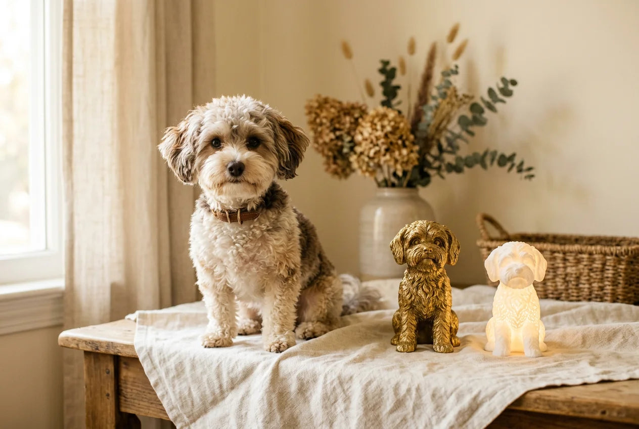 Yorkipoo dog in a warm editorial interior with handcrafted sculpture and luminary