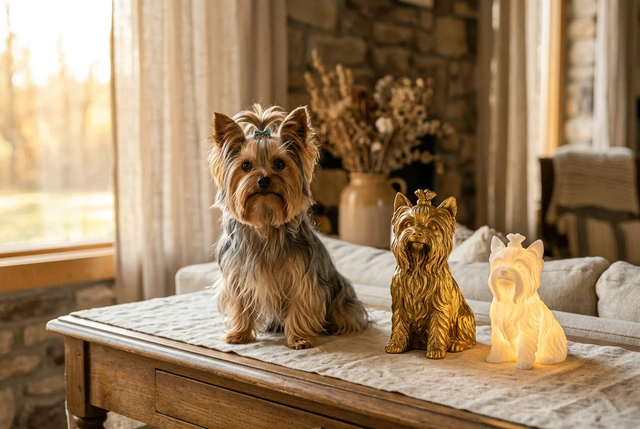 Yorkshire Terrier dog in a warm editorial interior with handcrafted sculpture and luminary